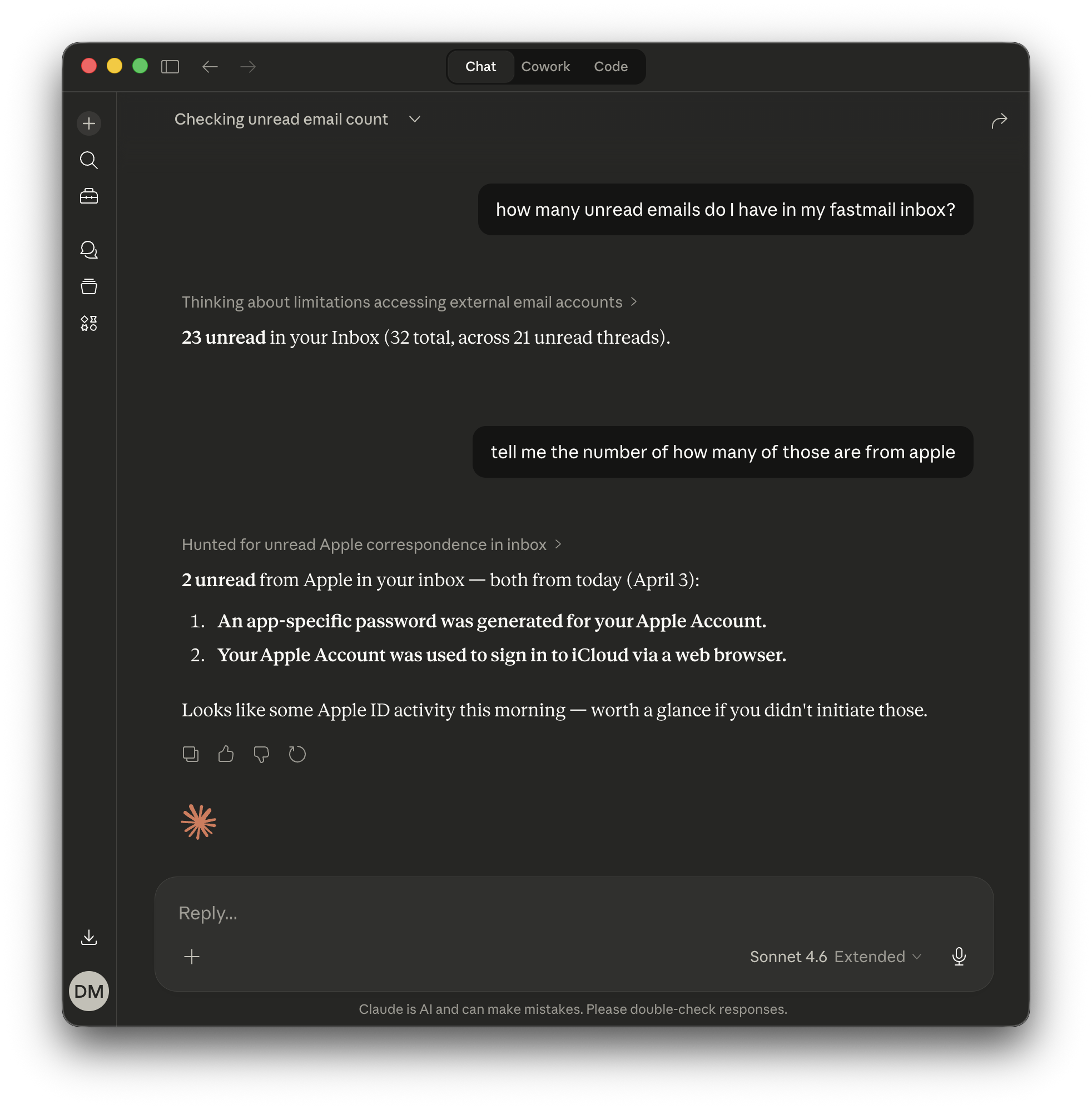 Claude reading and searching a Fastmail inbox via MCP Nest
