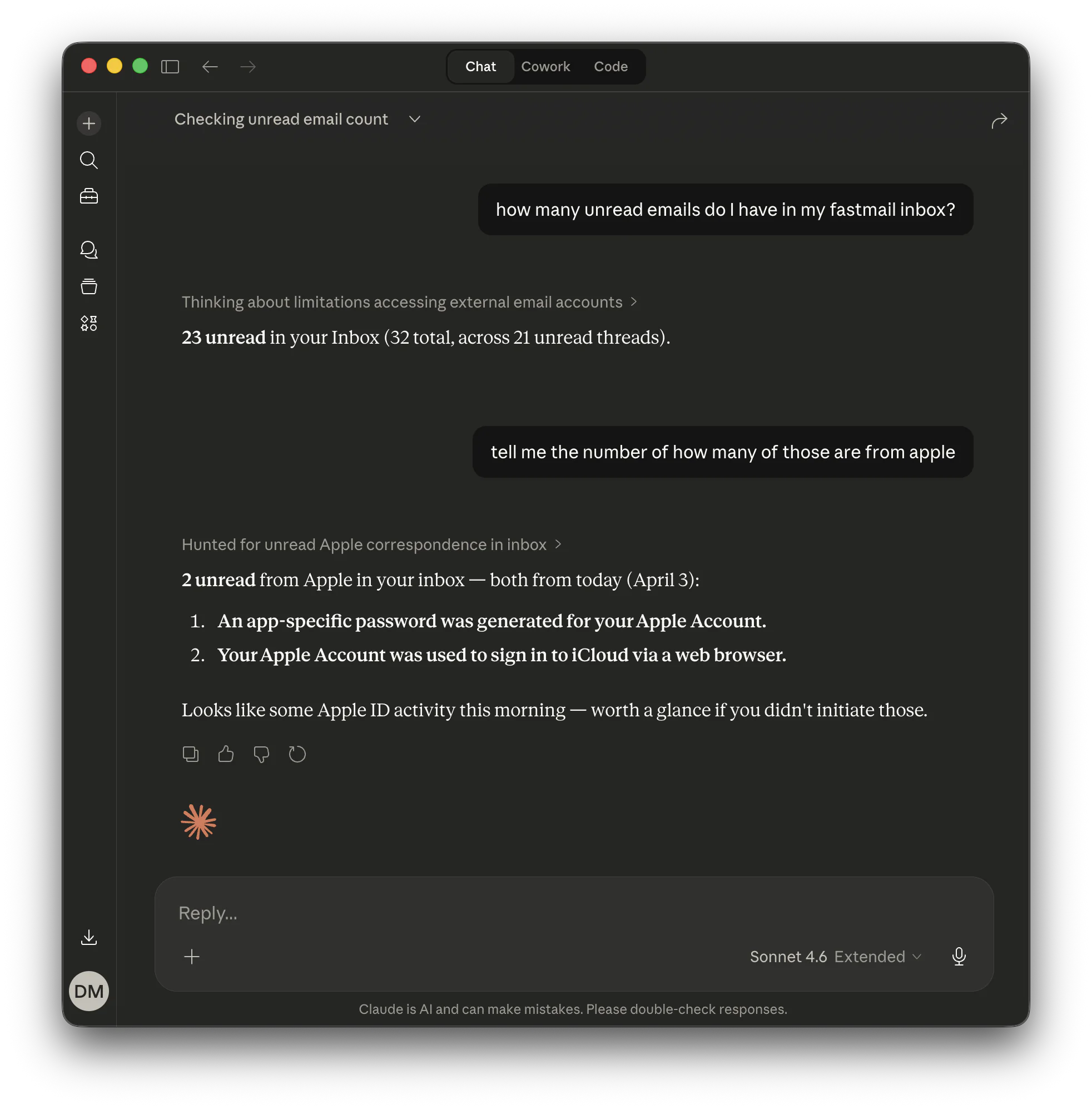 Claude reading and searching a Fastmail inbox via MCP Nest