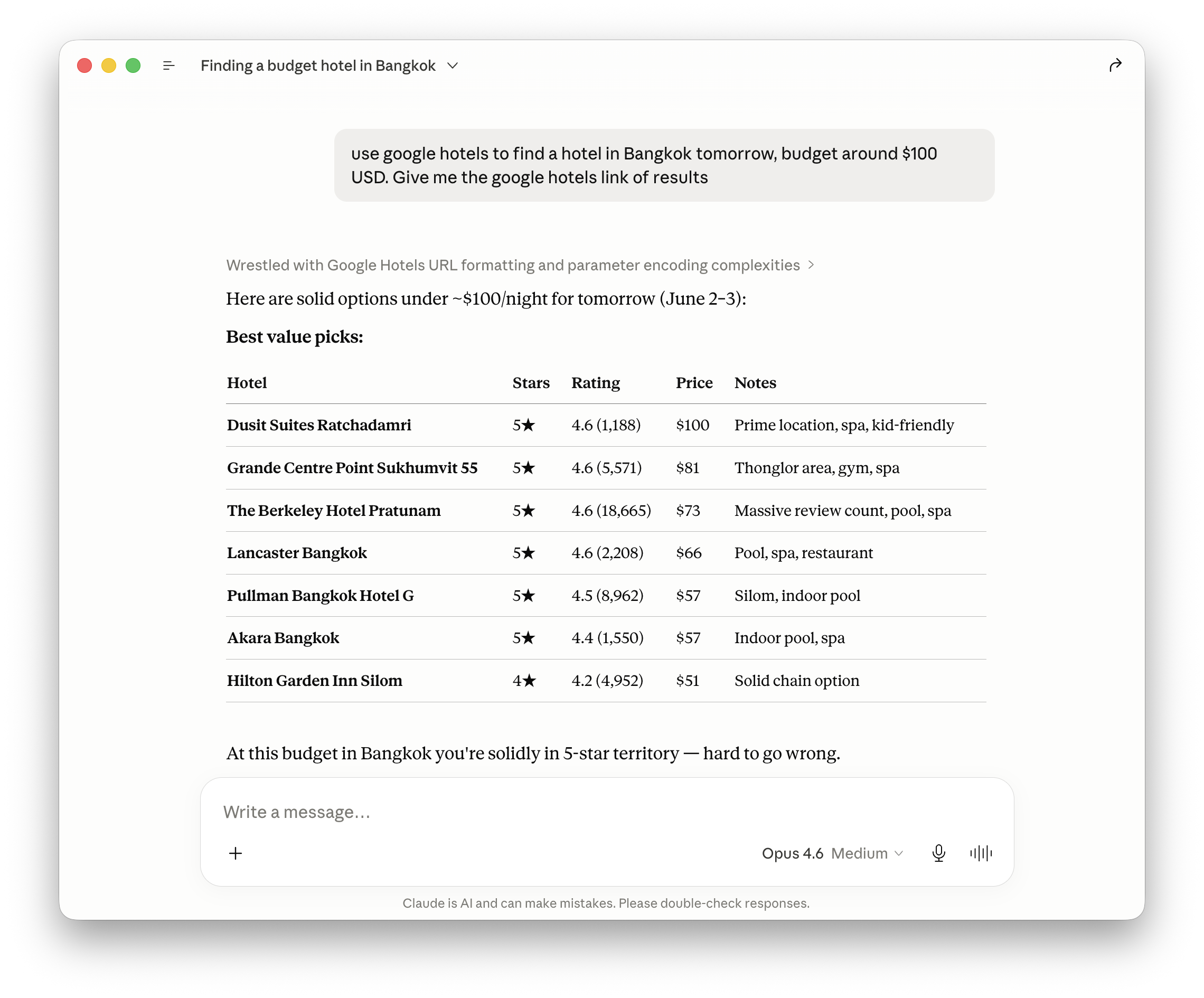 Claude finding budget hotels in Bangkok using Google Hotels via MCP Nest