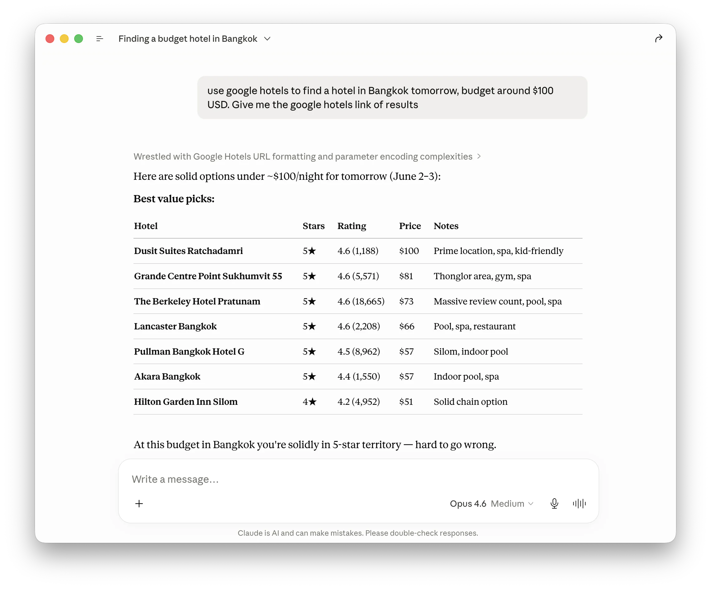 Claude finding budget hotels in Bangkok using Google Hotels via MCP Nest