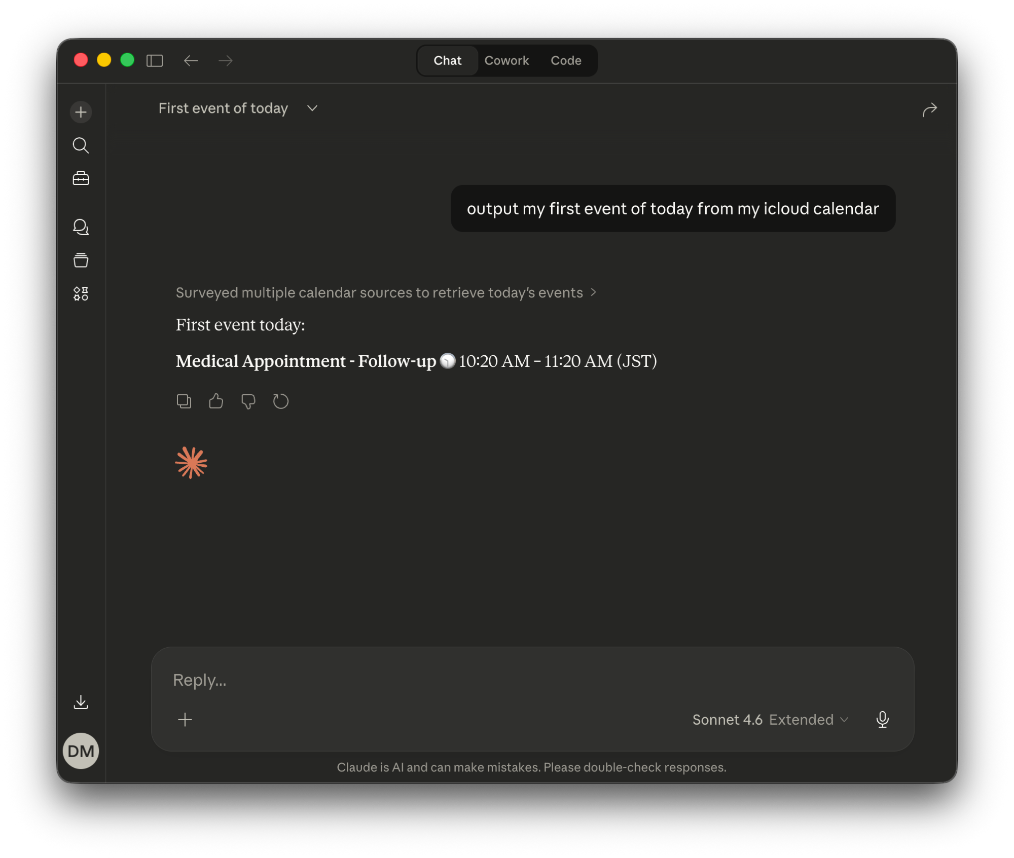 Claude reading events from Apple iCloud Calendar via MCP Nest