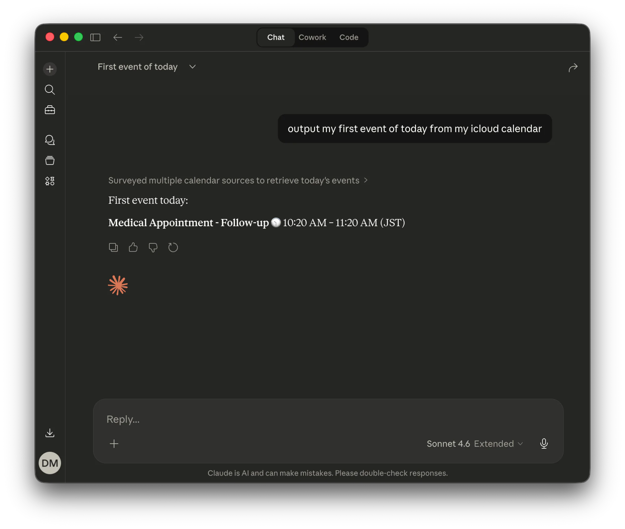 Claude reading events from Apple iCloud Calendar via MCP Nest
