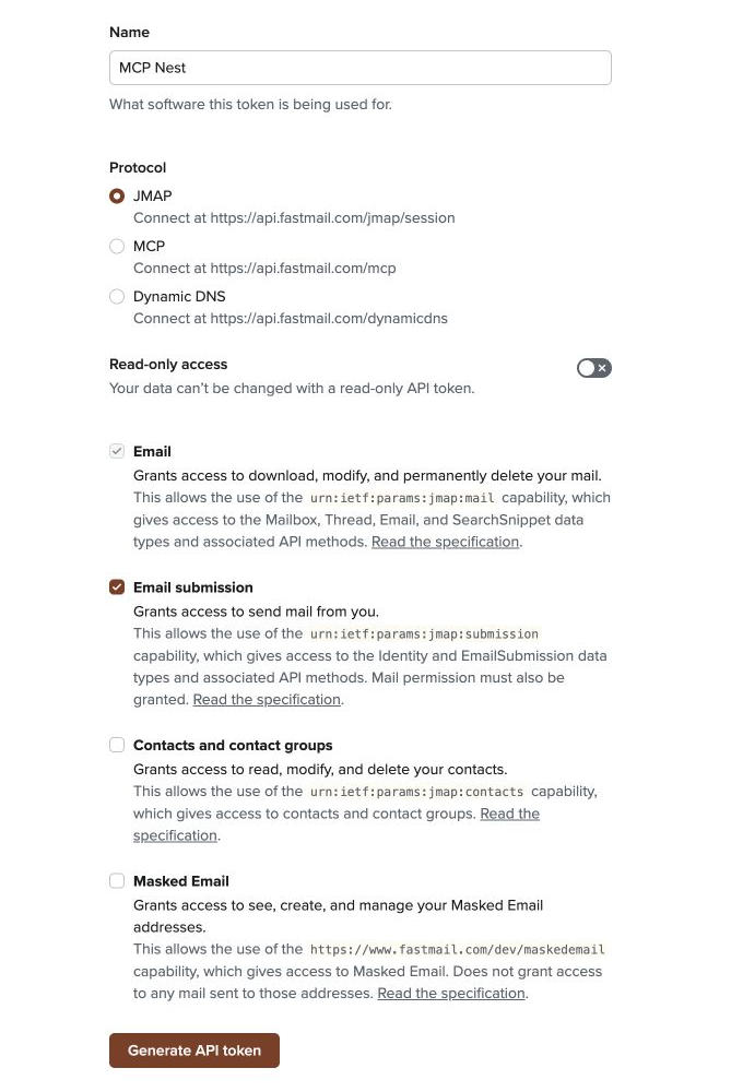 Fastmail API token form with JMAP and mail scopes selected