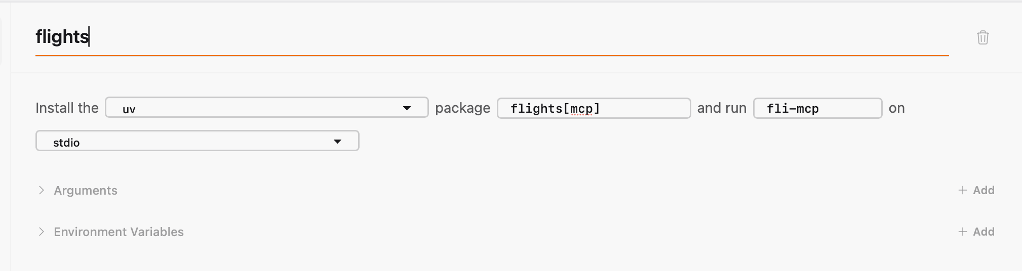 MCPNest configuration for the flights[mcp] server