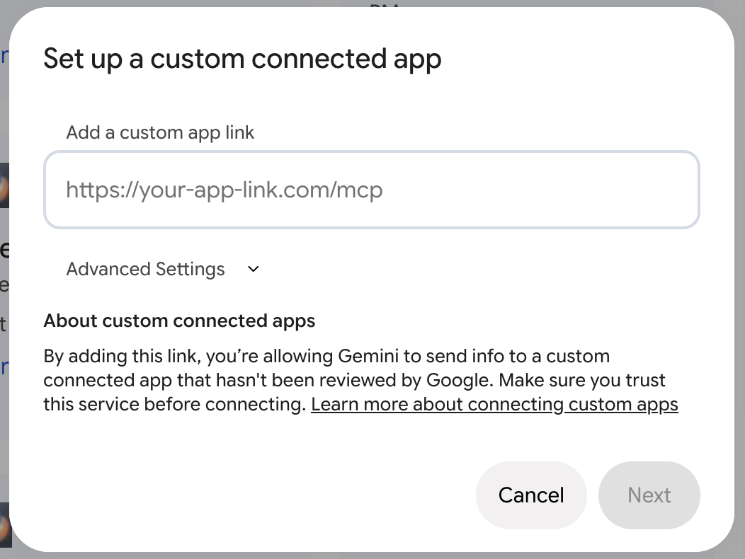 Custom app link field in Gemini Spark
