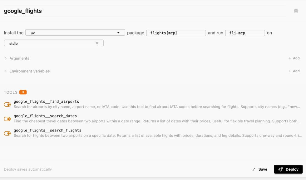 MCP Nest server editor with package, transport, and tool settings