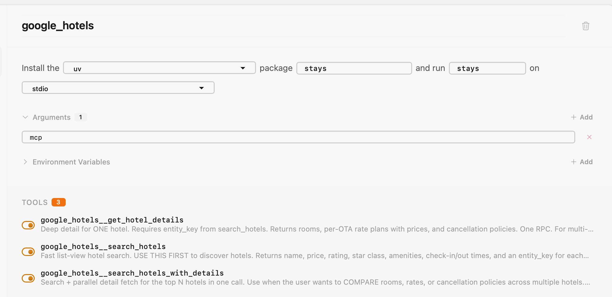 MCPNest configuration for the Google Hotels (stays) MCP server