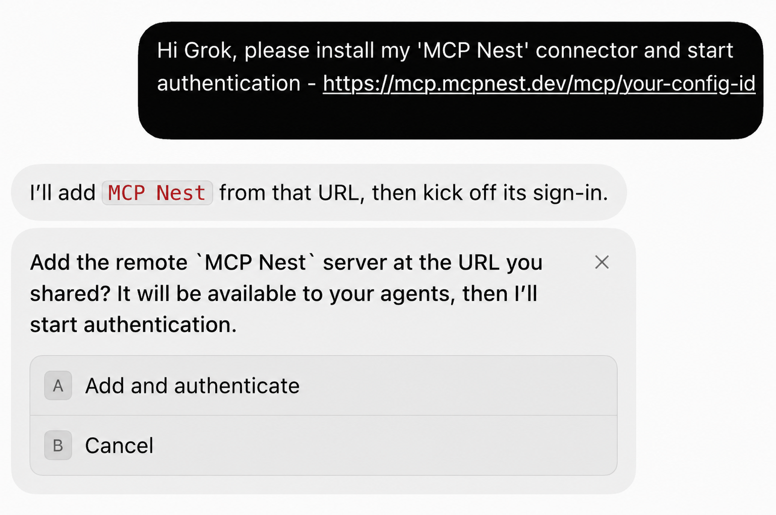 Grok Bot asking to add and authenticate an MCP Nest server