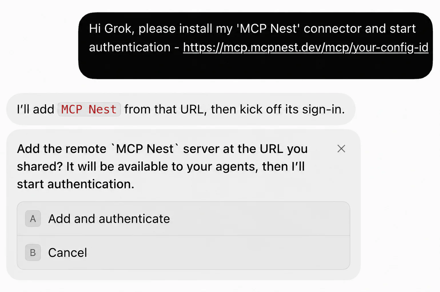 Grok Bot asking to add and authenticate an MCP Nest server