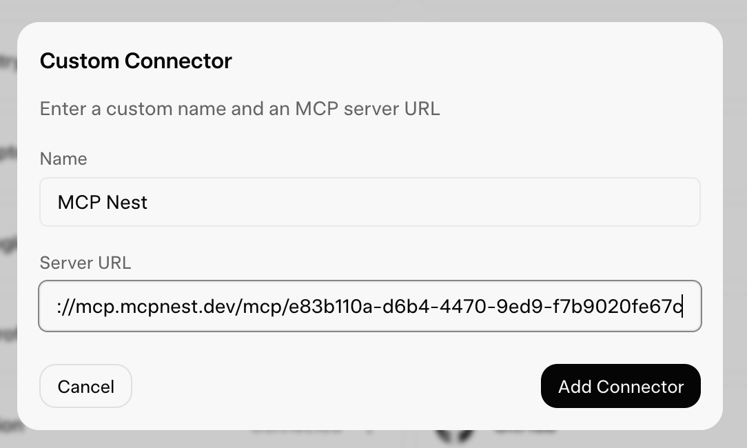 Grok custom connector form for MCP Nest