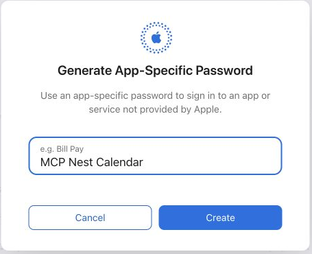 Apple Account dialog for generating an app-specific password