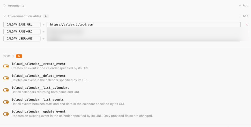MCP Nest configuration showing the iCloud Calendar environment variables