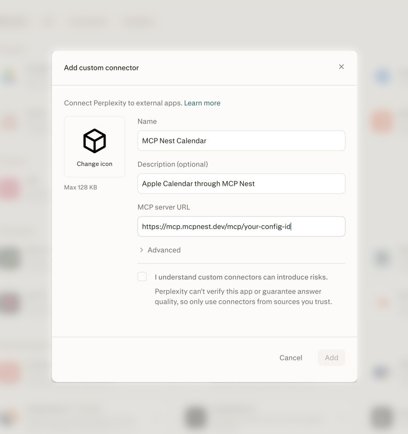 Perplexity custom MCP connector form with an MCP Nest URL