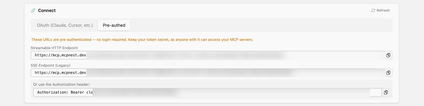 MCP Nest pre-authenticated connection panel with URL and authorization options